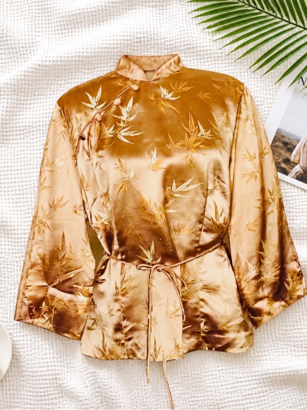 Jessica Howard Vintage 90s Robe Kimono Satin Top Jacket Faux Wrap Gold Sz Large - Picture 4 of 13